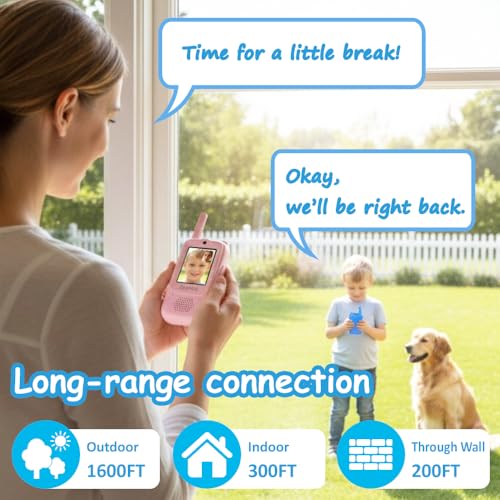 Upgraded Kids Video Walkie Talkies 2 Pack, Rechargeable Long Range Walkie Talkies for Kids, Video Intercom with Voice-Changing, Photo Sharing, Voice Chat, Emoji Messaging Modes