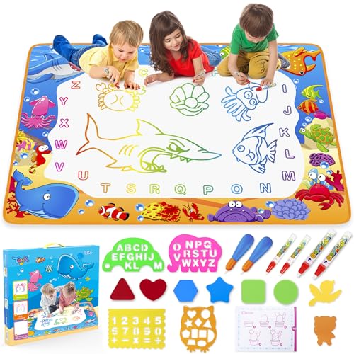 Water Doodle Mat - Kids Color Painting Toy, Gift Set for Toddlers 2-7 | Great Educational Water Doodle Mat - Toddler Painting Toy Gift with Fun Stencils, Magic Pens & Drawing Templates for Kids