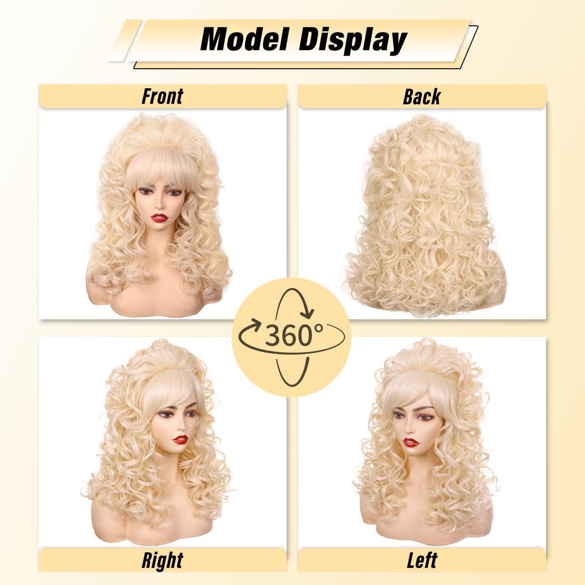 FantaLook Blonde Long Curly Wig with Bangs, Vintage Costume Wig for Women | Retro 60s 70s 80s styling wig, ideal for queen cosplay, Halloween party, disco & themed fancy dress events.