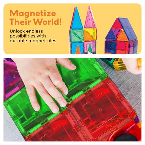 PicassoTiles 100 Piece Magnetic Tiles, Clear 3D Building Blocks for Kids 3+ | No-limit scalable builds, hands-on magnet polarity fun, family group play, quick assemble & store, shape & color recognition