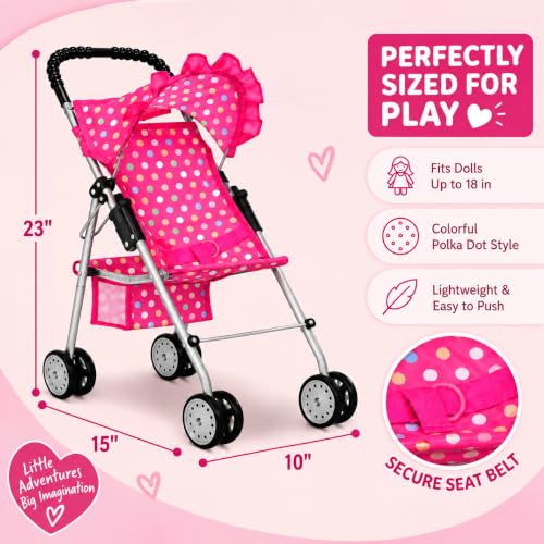 My First Baby Doll Stroller for Kids – Foldable Toy Stroller for 18 Inch Dolls with Storage Basket, Double Wheels & Canopy – Pretend Play Toy Stroller