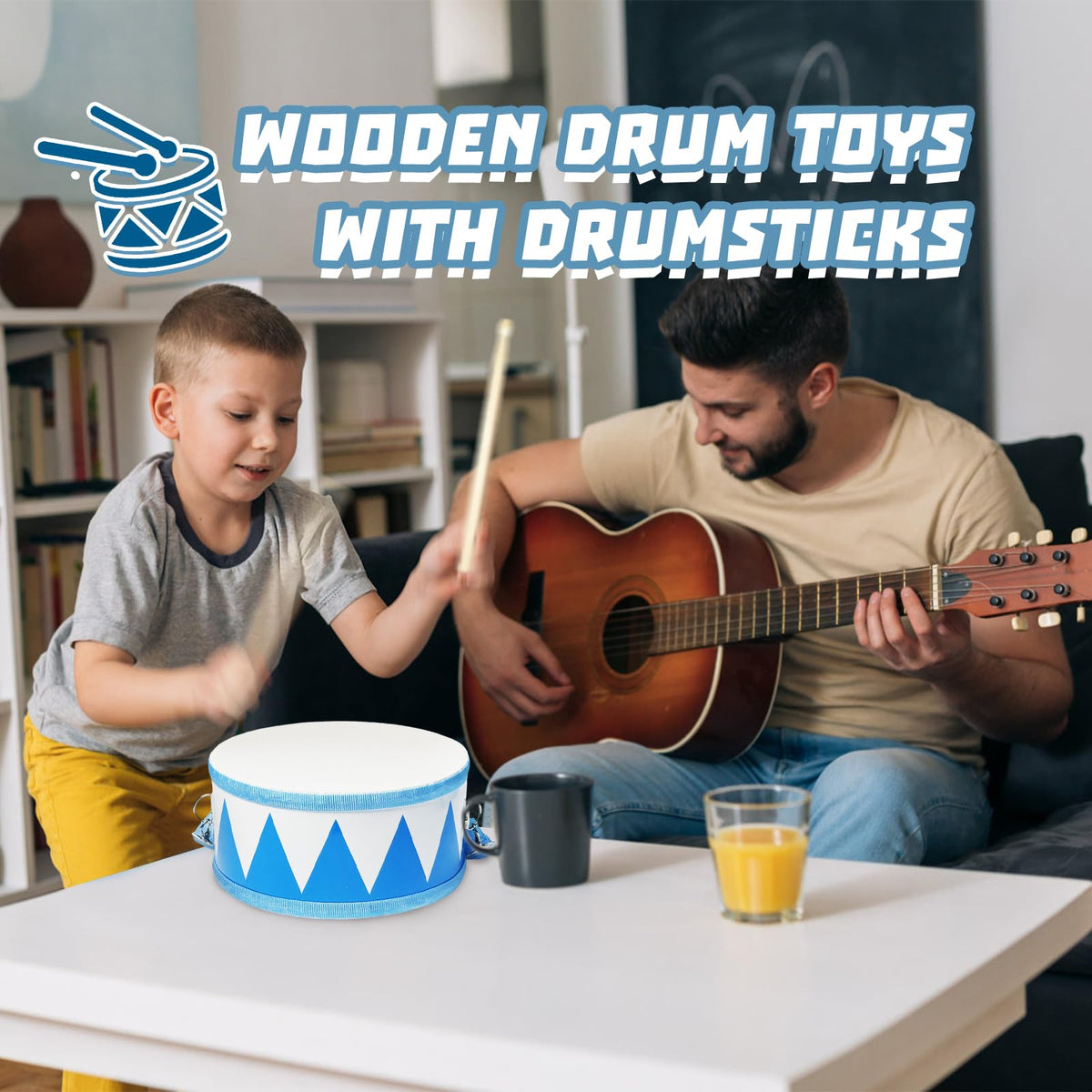 Kids Drum Set,8" Wooden Drum Toys with Adjustable Strap and 2 Drumsticks,Sensory Musical Instrument for Toddler Boys & Girls,Party Gift(Blue)