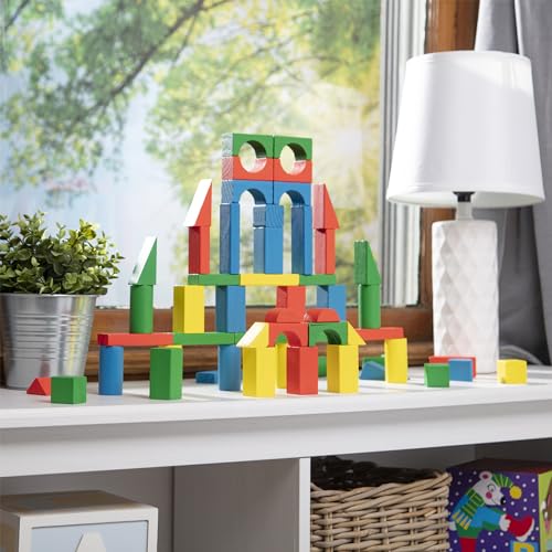Melissa & Doug 100 Wooden Building Blocks with Storage Box | 100 Pieces, Wooden Blocks In 4 Colors & 9 Shapes, Montessori Toys, Construction Play, Toddler Learning Toys for Kids, Ages 2+