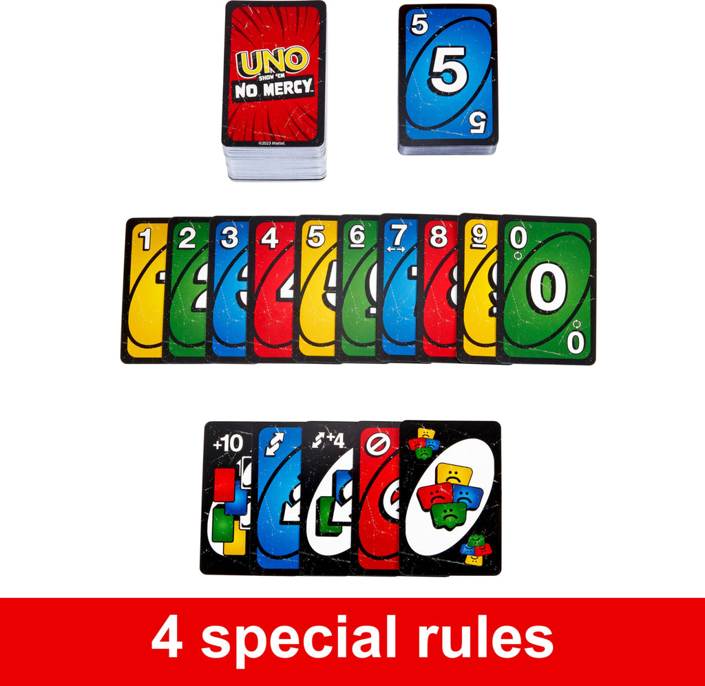 Mattel Games UNO Show ‘em No Mercy Card Game in Storage Tin,Ages 7+ | Extra Cards, Special Rules & Tougher Penalties for Kids, Teens & Family Game Night, 2-6 Players (Amazon Exclusive)
