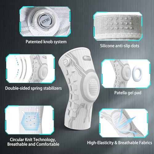 Kuangmi Knob Knee Brace for Pain Relief, Knee Support with Patella Gel Pad & Side Stabilizers, Compression Knee Sleeve for Workout, Arthritis, Joint Pain, Meniscus Tear (White,Right,Large,Single)