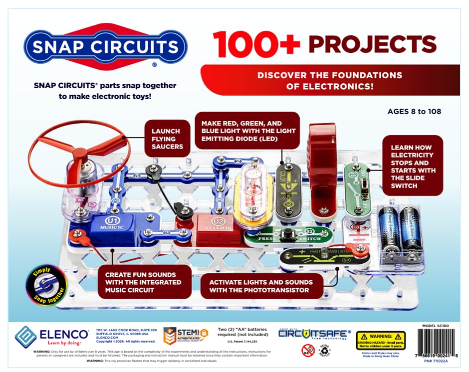 SNAP CIRCUITS Jr. SC-100 STEM Electronics Kit, 100+ Projects, Ages 8+ | Build 100+ STEM projects with 28 snap-together parts and a full-color project manual