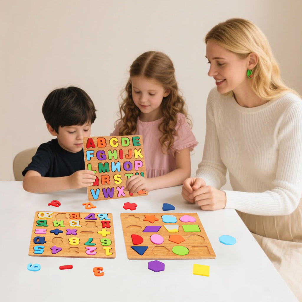 Wooden Puzzles for Kids Ages 3-5, 3 Pack ABC Number and Shape Learning Toys | 3 wooden puzzle board with ABC letters, numbers and colorful shapes for preschool learning, matching and fine motor skills