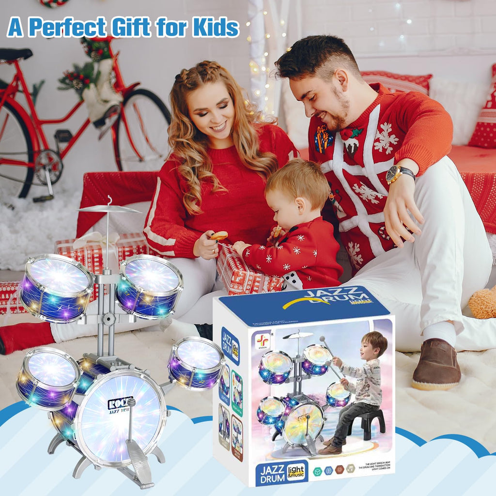 Kids Drum Set for Toddlers 1-3, 5-Piece Light Up Jazz Drum Kit with Stool | Upgraded Jazz Drum Set for Kids, Lights Musical Instrument, Beginner Kit, Birthday Christmas Gift for Boys Girls Ages 3-5 5-7