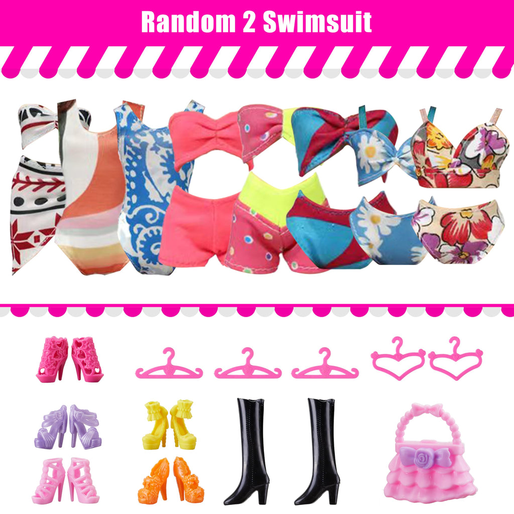 30 Pieces Doll Clothes and Accessories for 11.5 Inch Girl Dolls Including Random 5 Tops, 5 Pants, Random 3 Dresses, Random 3 Fashionable Dresses, Random 2 Swimwear, 6 Pairs of Shoes, 1 Bag, 5 Hangers