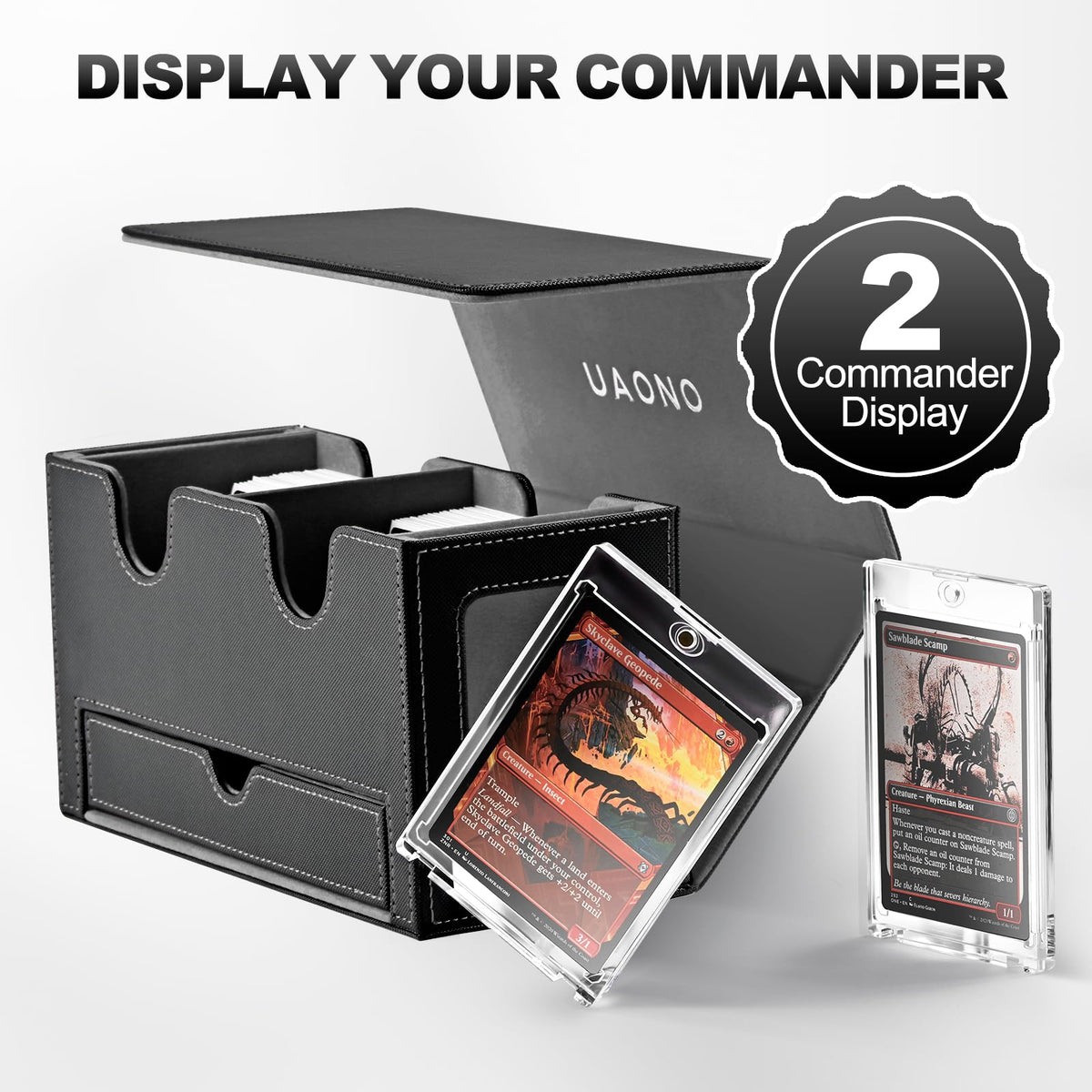 UAONO 3-in-1 MTG Commander Deck Box, Black Gray | 2 Magnetic Card Holders & 1 Dice Tray, Fits 200 Double Sleeved, Card Organizer Compatible with Magic the Gathering
