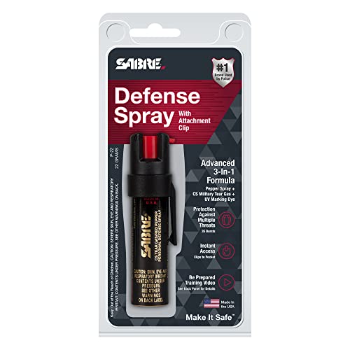 Sabre Compact 3‑in‑1 Pepper Spray, Tear Gas & UV Marking Dye Defense Spray - Maximum Police Strength OC Spray, Up to 16-ft Range, 13 Second Spray Time, Twist Lock Safety with Belt Clip, 0.75 fl oz