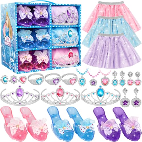 Princess Dress Up & Jewelry Set, Pretend Play Toy, B-day Gift for Girl 3+ | Costumes Set incl Color Skirts, Shoes, Crowns, Accessories, Girls Role Play Gift for Girl Toddler ​B-Day Party Favors