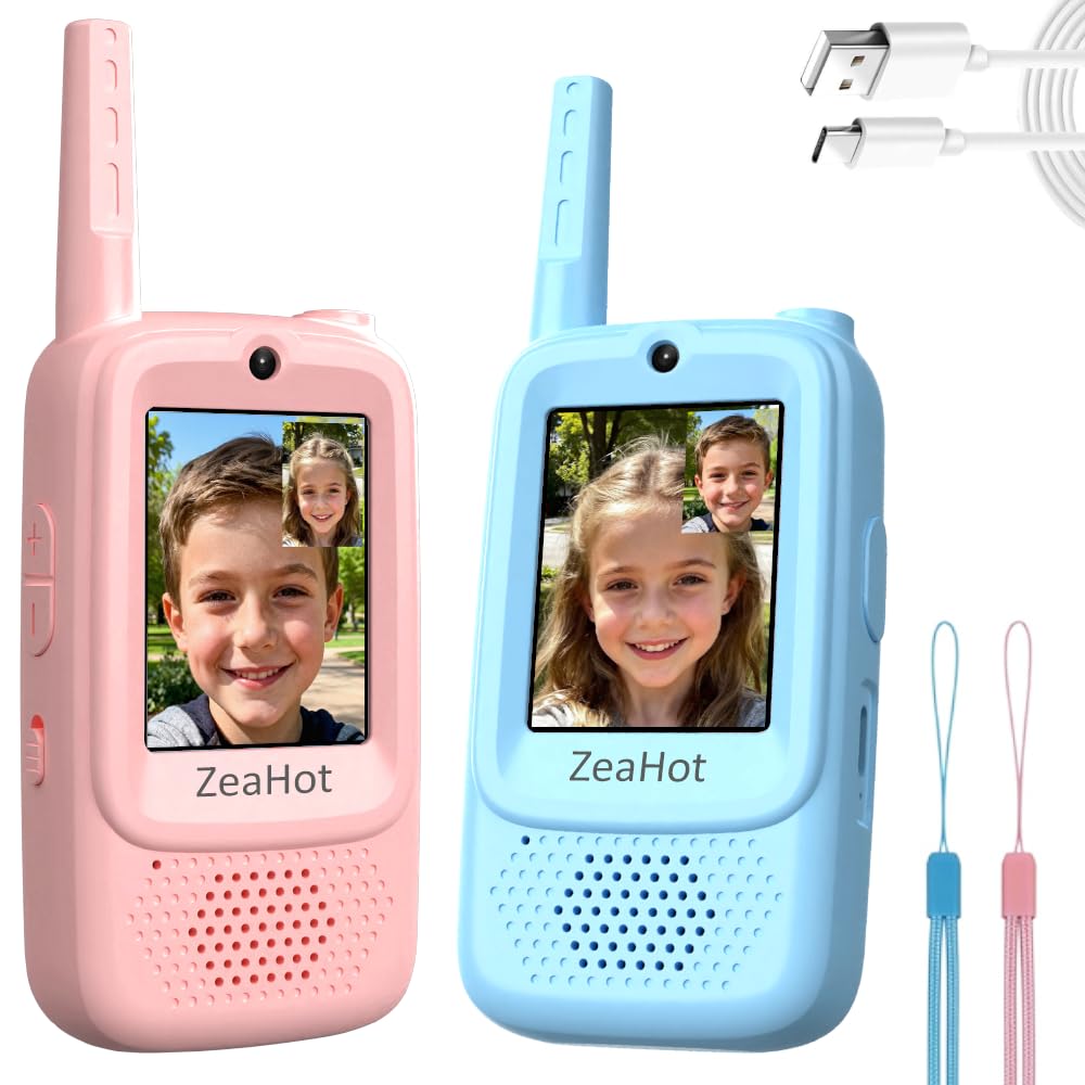 Upgraded Kids Video Walkie Talkies 2 Pack, Rechargeable Long Range Walkie Talkies for Kids, Video Intercom with Voice-Changing, Photo Sharing, Voice Chat, Emoji Messaging Modes