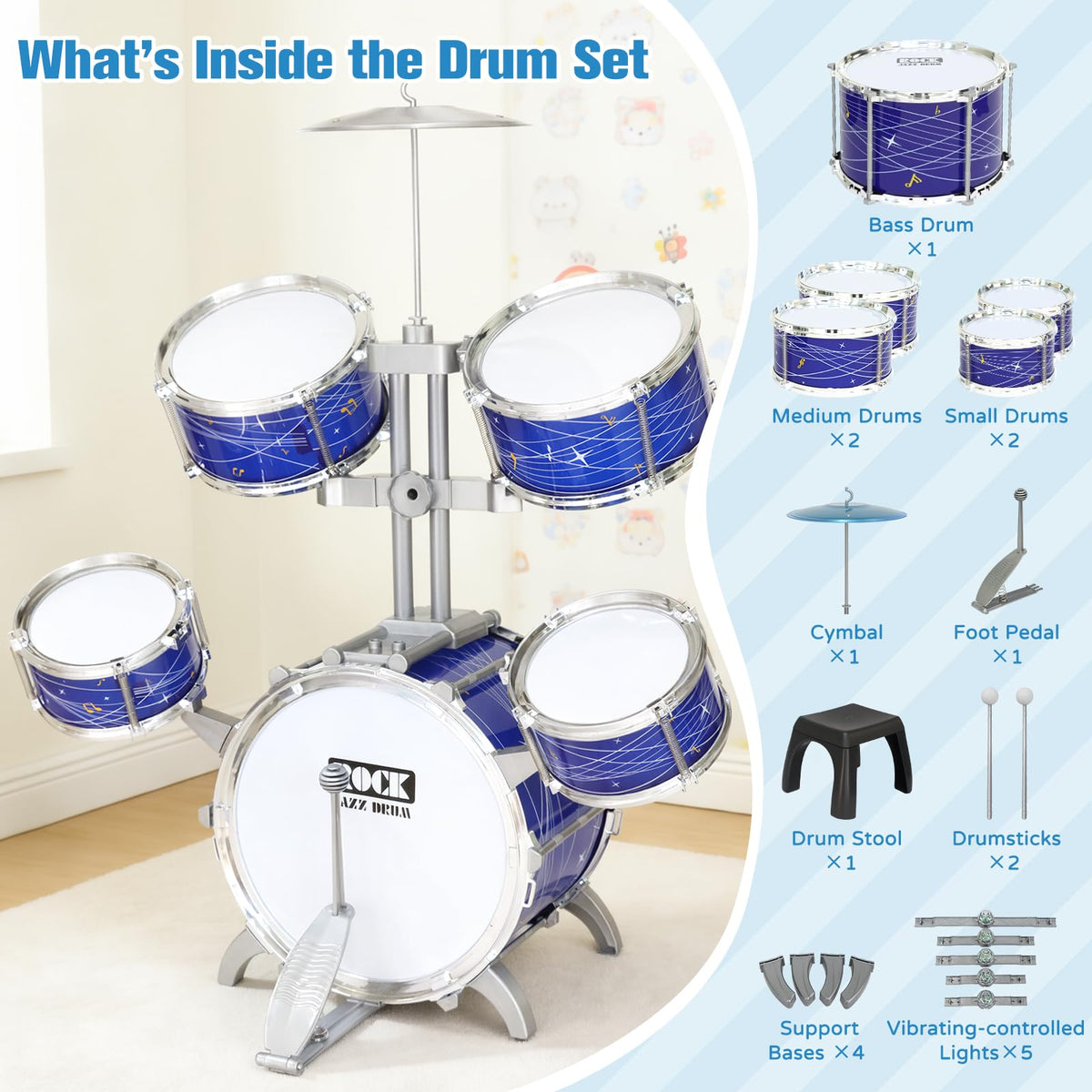 Kids Drum Set for Toddlers 1-3, 5-Piece Light Up Jazz Drum Kit with Stool | Upgraded Jazz Drum Set for Kids, Lights Musical Instrument, Beginner Kit, Birthday Christmas Gift for Boys Girls Ages 3-5 5-7