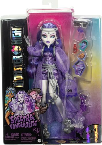 Monster High Spectra Vondergeist Doll | Ghost in Purple Clothes, Includes Pet Ferret Rhuen, 7 Accessories like Backpack, Tablet, Snacks and More