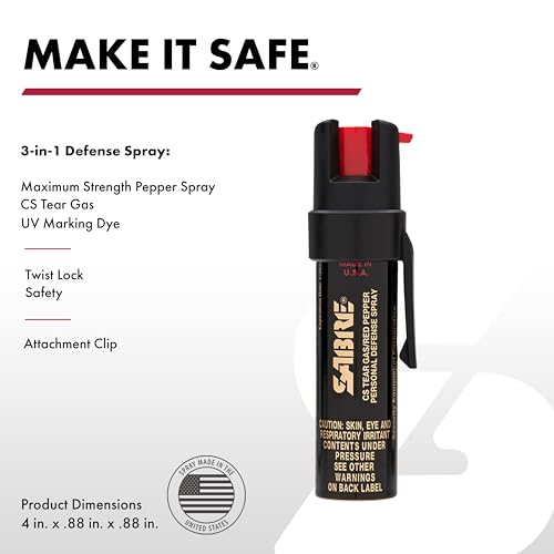 Sabre Compact 3‑in‑1 Pepper Spray, Tear Gas & UV Marking Dye Defense Spray - Maximum Police Strength OC Spray, Up to 16-ft Range, 13 Second Spray Time, Twist Lock Safety with Belt Clip, 0.75 fl oz