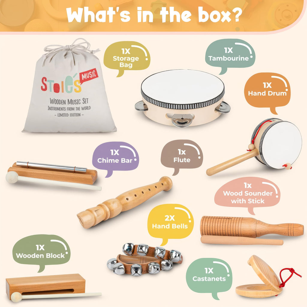 Stoie’s Wooden Musical Instruments for Kids Ages 3+, Montessori Music Toy Set for Kids with Drum, Tambourine, Maracas, Bells & Flute, Educational Preschool Toys for Boys & Girls