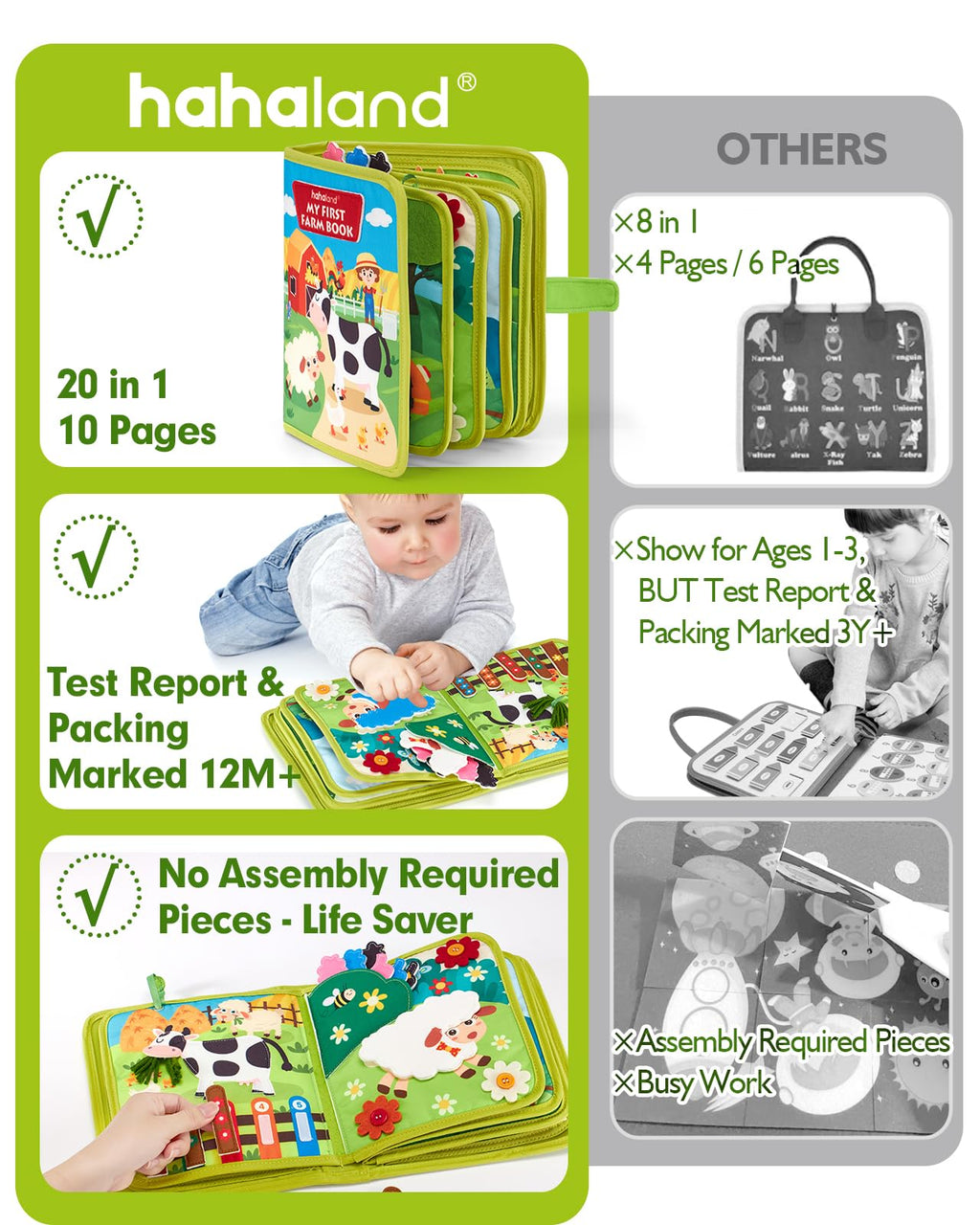 hahaland Busy Book for Toddlers 1-3 - Montessori Toys 1 Year Old Busy Board | 1 Year Old Boy Gifts Educational Quiet Activity Books 10 Pages, Toddler Christmas Stocking Stuffers One Year Old Travel Toys