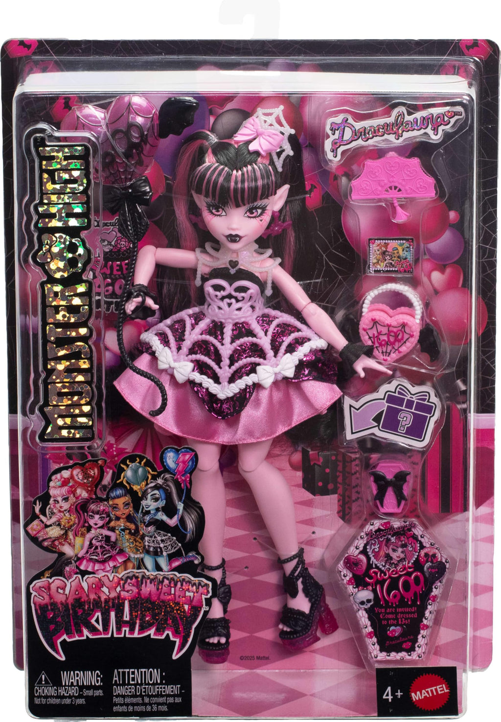 Monster High Scary Sweet Birthday Draculaura Doll | Vampire in Pink Party Dress with Party-Themed Accessories like Invite, Balloon, Gift, Fan and More
