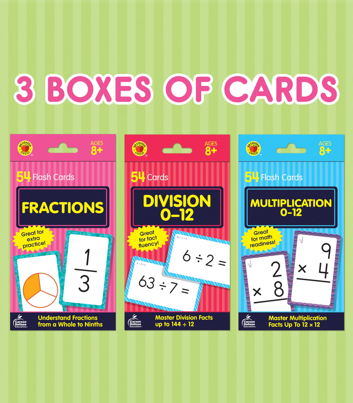 Carson Dellosa 3-Pack Math Flash Cards, Ages 8-12, Multiplication | Division, and Fractions, Math Games, Grade 3-5, Mathematics Practice, 162 cards, Educational Card Set