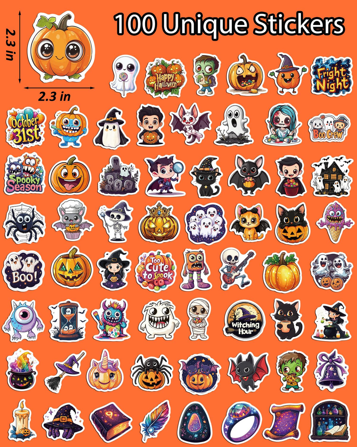 JCFIRE Halloween Stickers for Kids, 100 PCS Halloween Party Favors | 100 unique 2.3 in waterproof vinyl stickers for goodie bags, treat bags, crafts, water bottles and party favors