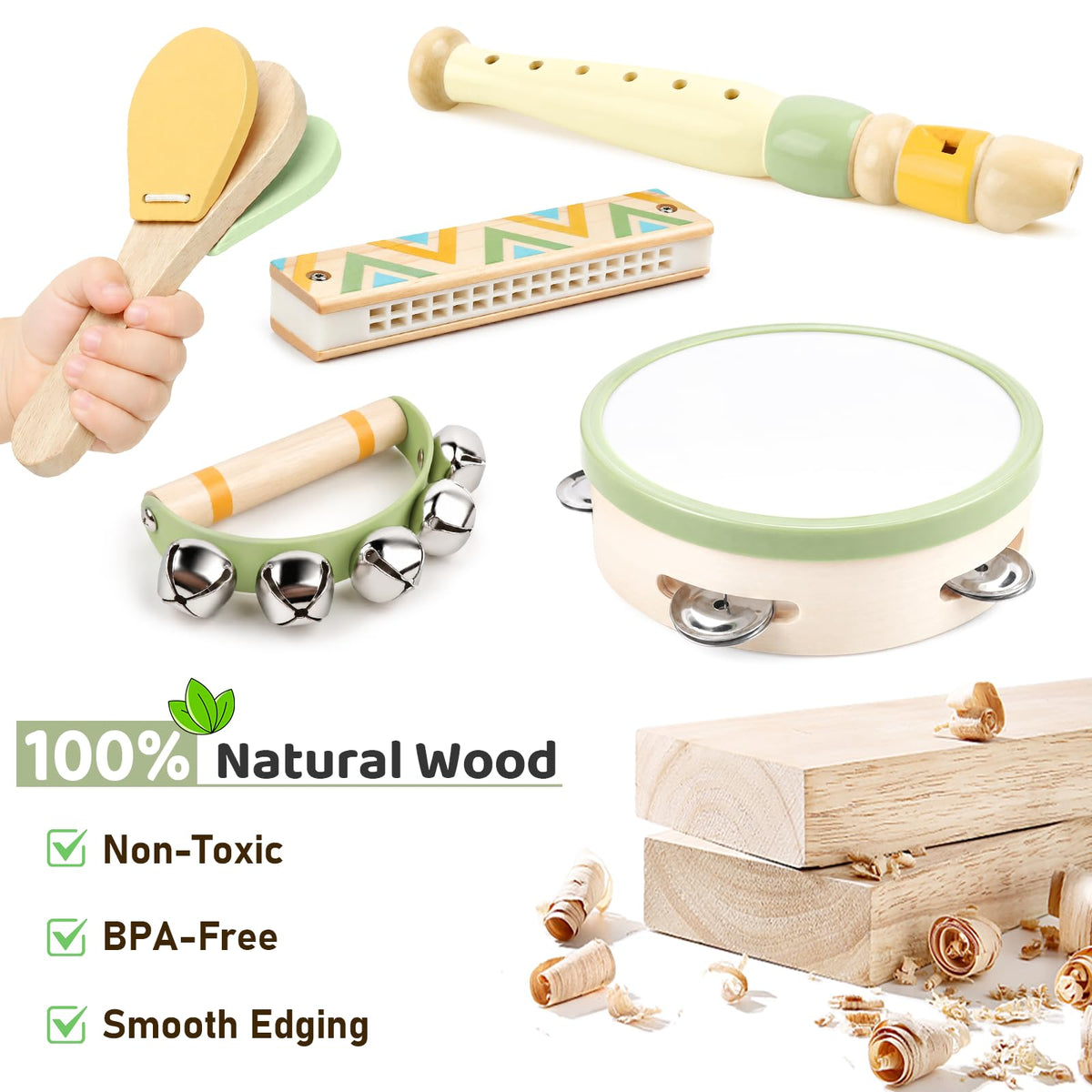 Kids Guitar Set - 8 in 1 Toddler Montessori Musical Instruments | Wooden Baby Ukulele Xylophone Tambourine Maracas Flute, Toy Guitar for Toddler, Mini Guitar Set Toddler Gifts for 2 year