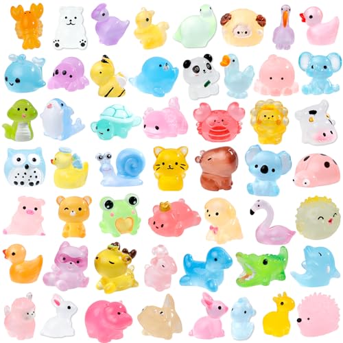 52Pcs Luminous Mini Resin Animals 52 Styles Miniature Glow in the Dark Resin Animal Figures to Hide Tiny Small Little Ducks Turtles Dinosaurs and Frogs for Micro Landscape Dollhouse Fairy Garden Decor