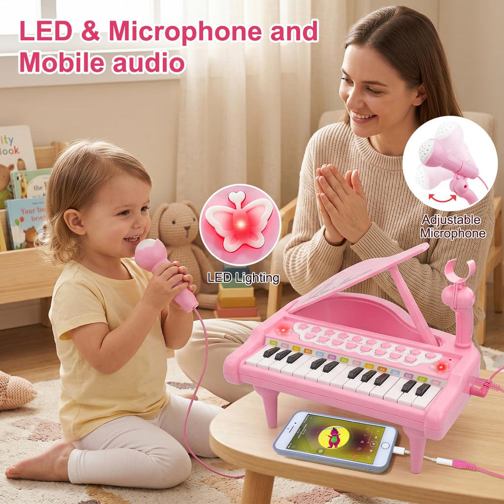 Love&Mini Piano Toys for Girls, 24-Key with Mic, Record & Playback, Ages 3+ | Kids Piano with 22 songs, 8 Percussion Sounds, LED lights, 4 Instrument Modes and Connect to MP3, Phone & Tablet