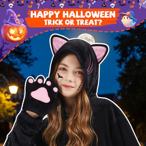 Halloween Cat Costume for Girls - Animal Costume Dress Up Gifts for Kids | Black Cat Halloween Costumes for Kids Age 3-10, Cheetah Costume Onesie, 3D Hood, Gifts for Birthday Party Cosplay, Role Play