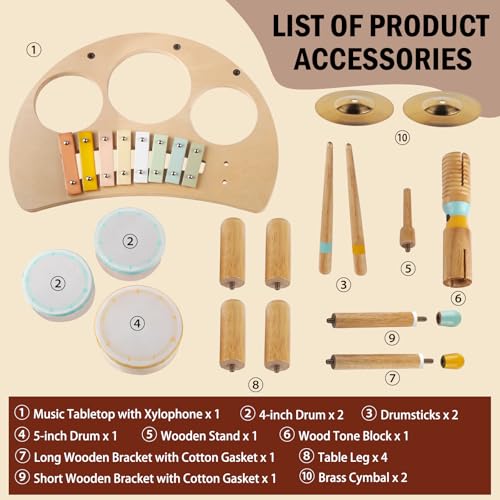 Wooden Drum Set Toys for 2-3 Year Old Montessori Musical Instruments Toy | Drum with Xylophone Birthday Gift for 18+ Months Boys Girls