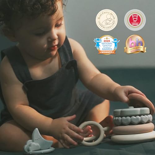 Moonkie Stacks of Circles Soft Teething Toy | Educational Learning Baby Toy | Stacking Ring Toys for Babies Boy and Girl | 7 Piece Teethers Set