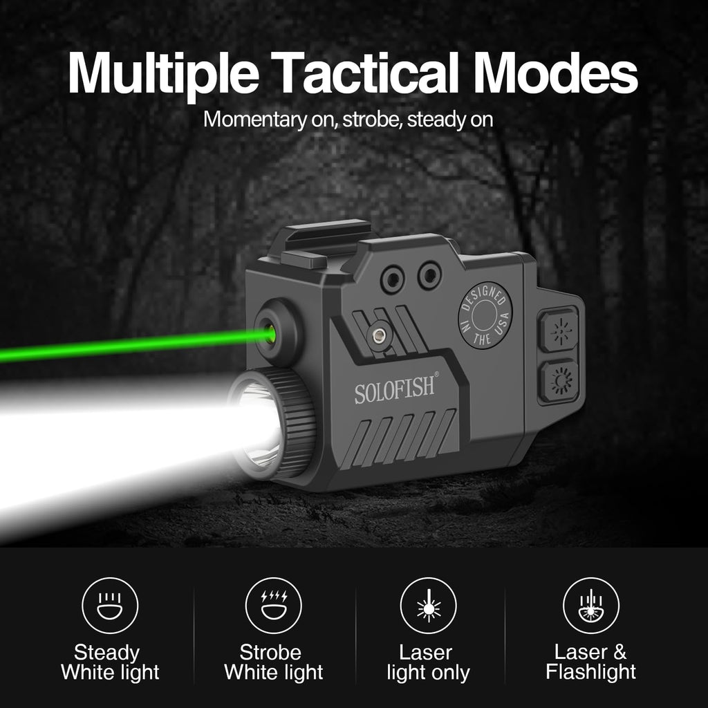 Solofish 800 Lumens Pistol Light Laser Combo | Strobe Function for Green Laser and Tactical Light with Adjustable Rail Fits Guns w/ Rail
