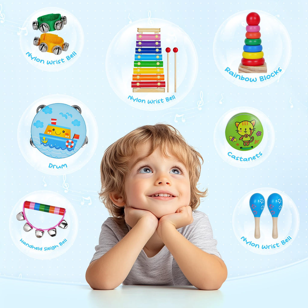 Childom Wooden Musical Instruments Set, Preschool Percussion Instrument Kit | Educational Music Learning Toy Set, Christmas Birthday Gift for Boys and Girls Ages 3 and Up, Includes Xylophone,Bells & Drum