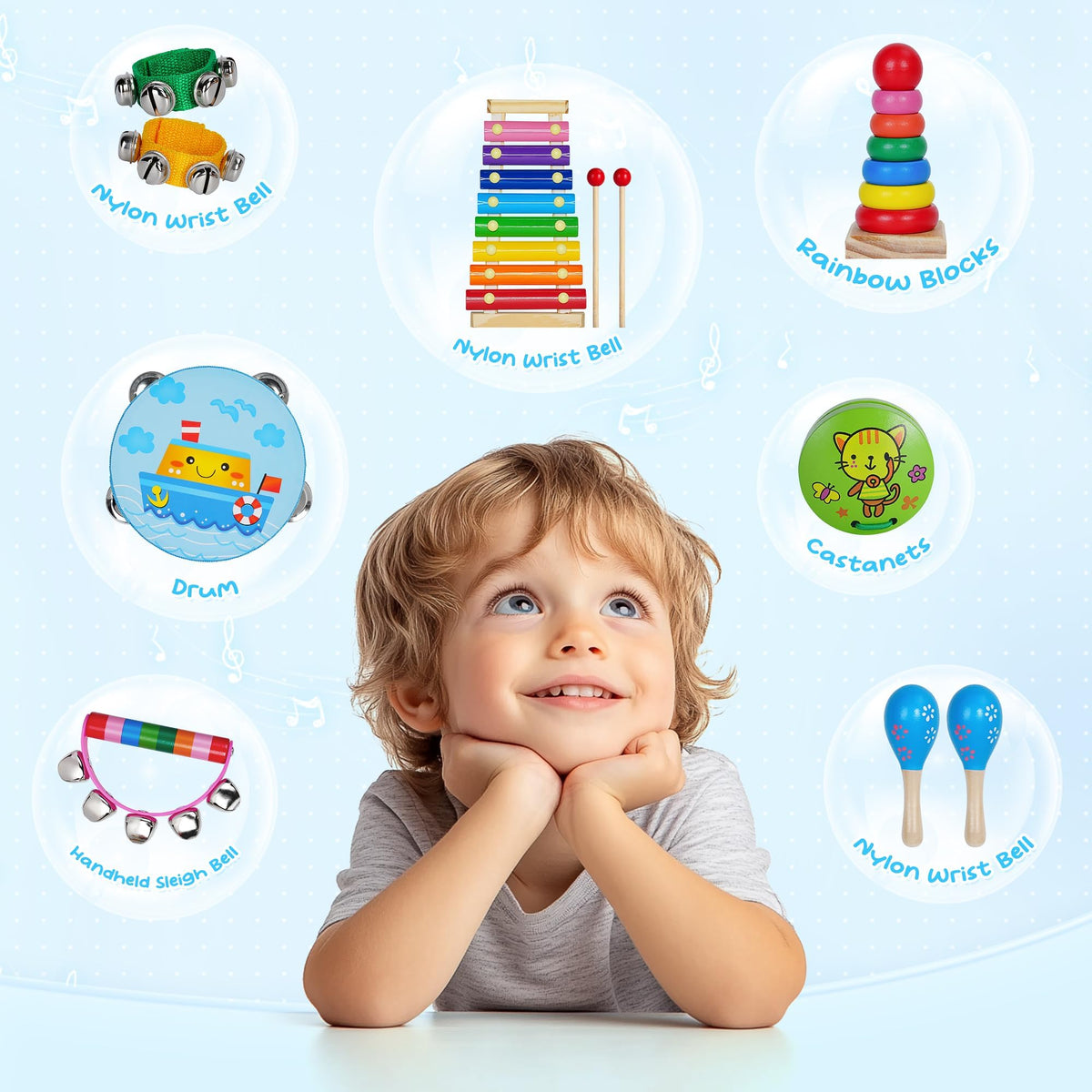 Childom Wooden Musical Instruments Set, Preschool Percussion Instrument Kit | Educational Music Learning Toy Set, Christmas Birthday Gift for Boys and Girls Ages 3 and Up, Includes Xylophone,Bells & Drum