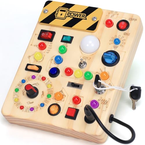 Busy Board with LED Light Switches, Montessori Toys for 1 2 3 Years Old, Toddlers Wooden Toy Sensory Activity Board, Travel Toys for 1+ Year Old Boy & Girl Birthday Gift