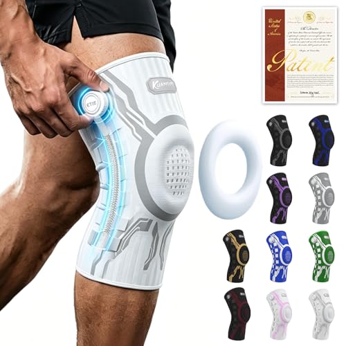 Kuangmi Knob Knee Brace for Pain Relief, Knee Support with Patella Gel Pad & Side Stabilizers, Compression Knee Sleeve for Workout, Arthritis, Joint Pain, Meniscus Tear (White,Right,Large,Single)