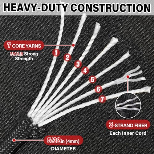 Paracord Rope 550 lb - 100ft 5/32" Parachute Cord 4MM 7-Strand para Cord - Heavy Duty Spool String for Survival,Camping Gear, Survival Bracelet, Clothesline - Black