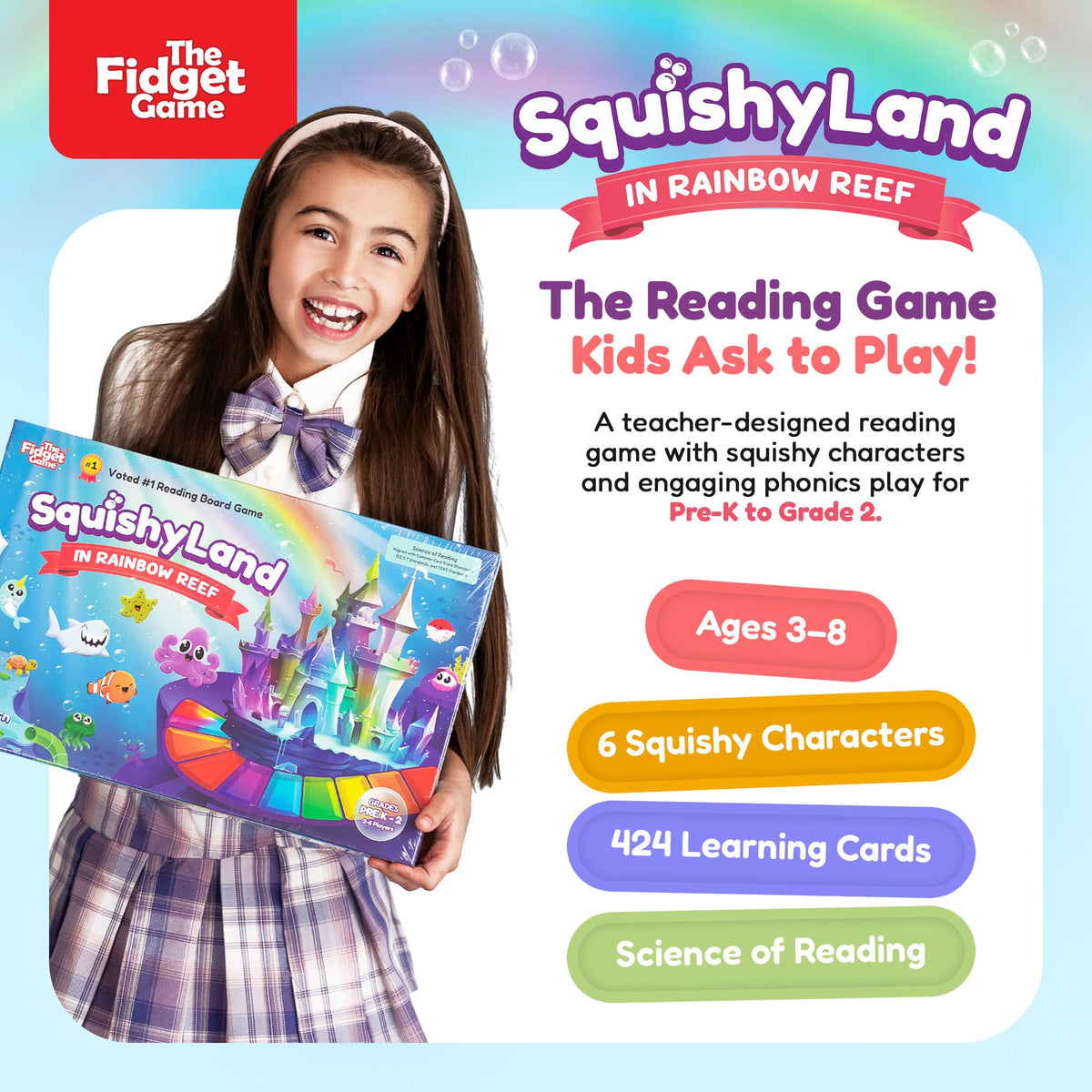 The Fidget Game SquishyLand in Rainbow Reef Board Game, Pre-K to 2nd Grade | Educational & Phonics Kindergarten Learning Activities, Mochi Squishy Toys Set, 2-6 Players