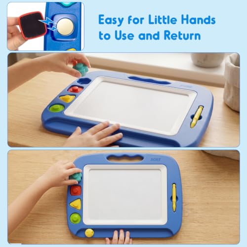 SGILE Magnetic Drawing Board for Kids, Toddler Doodle Toys, Large 16 × 13" | Etch & Sketch Pad with 4 Magnet Stamps, Girls & Boys' Birthday Gift,1-4 Year Old, Learning & Educational, Writing Play, Blue