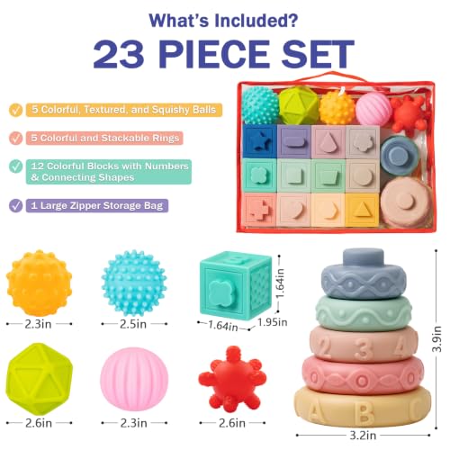 Jyusmile Baby Toys 6-12 Months, Montessori Toy for Babies 6-12 Months, Incl Stacking Building Blocks & Soft Infant Teething Toys & Sensory Balls for Toddlers 0-3-6-9-12 Month