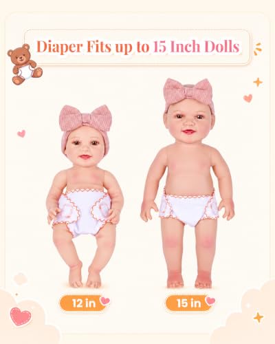 BABESIDE Baby Doll Diapers, 6 Reusable Diapers for 12-15 Inch Baby Dolls | Washable Baby Doll Accessories for Diaper Changing Pretend Play, Doll Diaper Set for Ages 3+