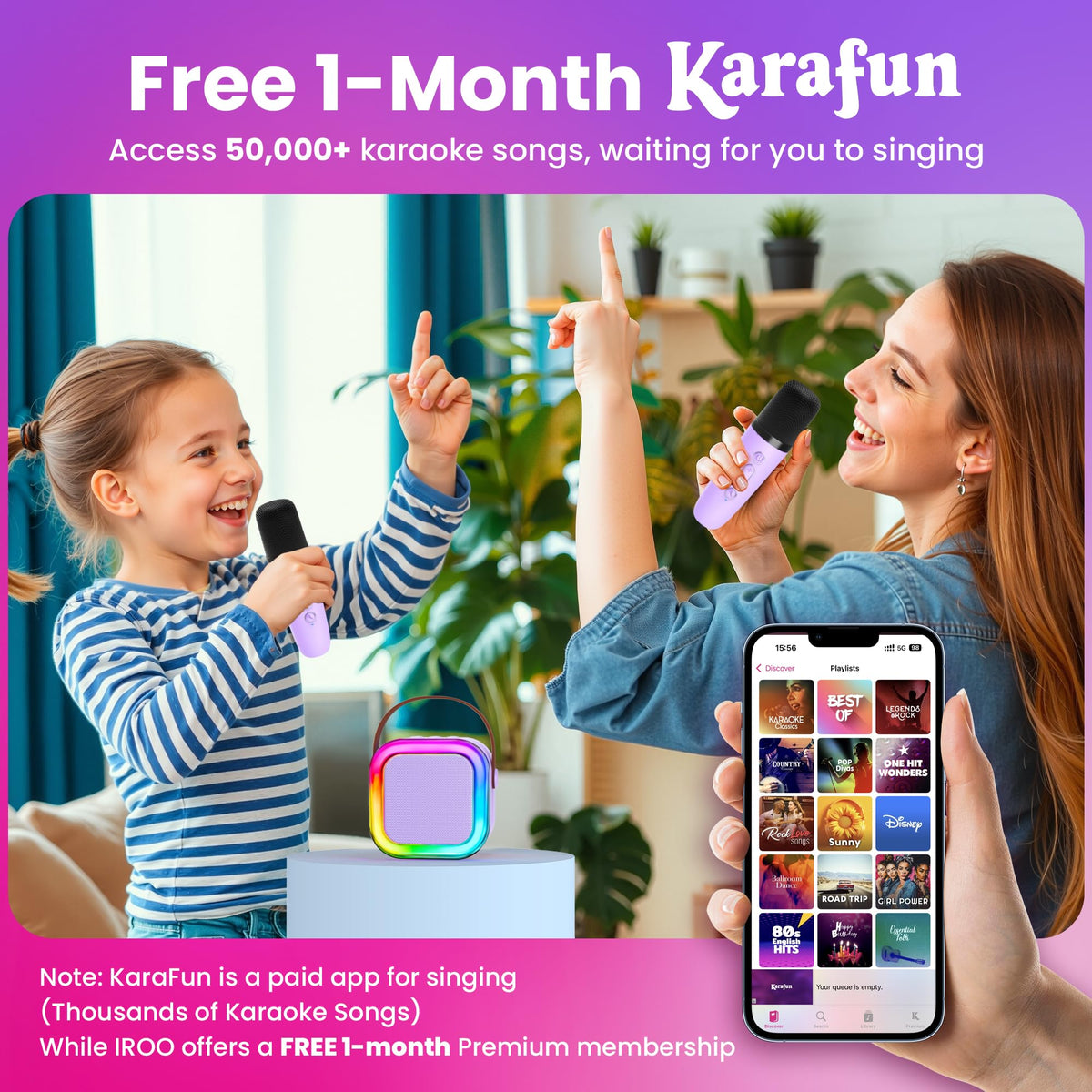 IROO Mini Karaoke Machine for Kids, Birthday Gifts Toys for Girls Ages 3-12 | 2 Wireless Mics, 5 Voice Effects & 1-Month KaraFun Premium, Bluetooth Speaker, Portable MP3 Player For Family Home Party