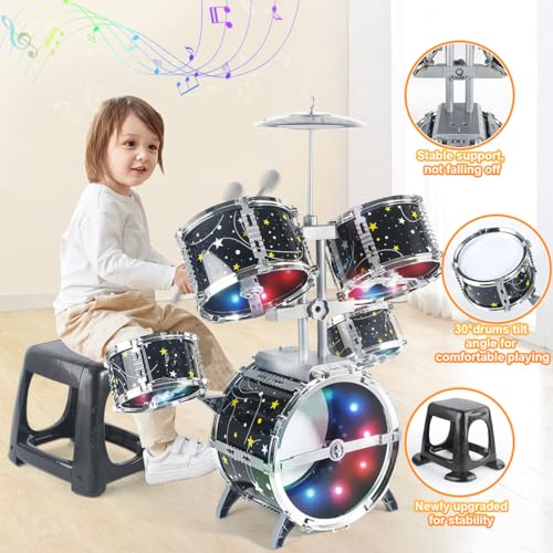 CAPTAIN CHAOWING Kids Drum Set for Toddlers 3-5, Light up Jazz Drum Toy 5-7 | Upgraded Jazz Drum Set for Kids, Musical Instrument Toys & Lights & All Plastic, Beginner Kit for Boys Girls Aged 3-5 4-6 5-7