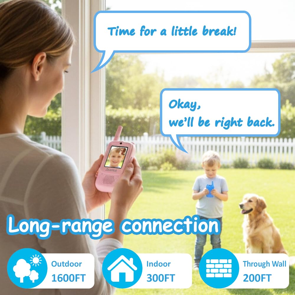 Upgraded Kids Video Walkie Talkies 2 Pack, Rechargeable Long Range Walkie Talkies for Kids, Video Intercom with Voice-Changing, Photo Sharing, Voice Chat, Emoji Messaging Modes