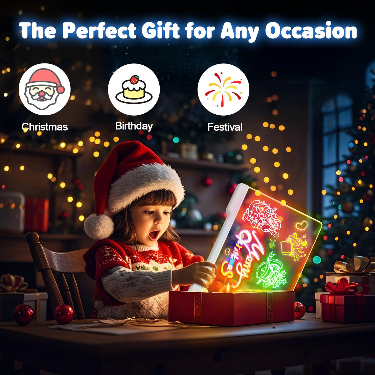 Geokay 16" Rechargeable LED Drawing Board with 9-Color Light Effects | Birthday & Christmas Gift Idea for Girls/Boys/Kids/Teens, Doodle Neon Glow Pad with Built-in Stand Tracing Book & 7 Markers