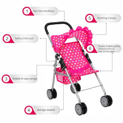 My First Baby Doll Stroller for Kids – Foldable Toy Stroller for 18 Inch Dolls with Storage Basket, Double Wheels & Canopy – Pretend Play Toy Stroller