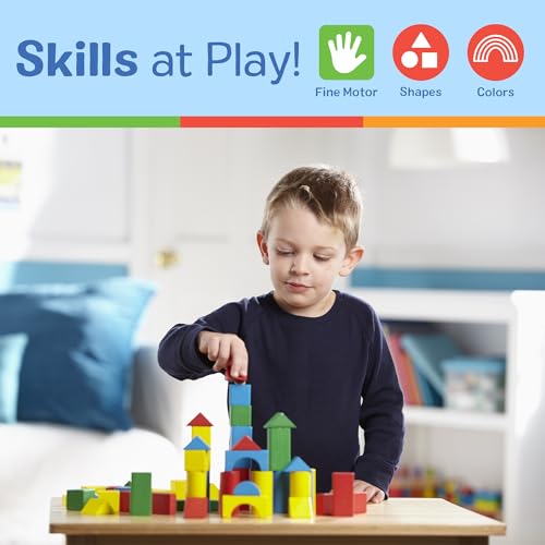 Melissa & Doug 100 Wooden Building Blocks with Storage Box | 100 Pieces, Wooden Blocks In 4 Colors & 9 Shapes, Montessori Toys, Construction Play, Toddler Learning Toys for Kids, Ages 2+
