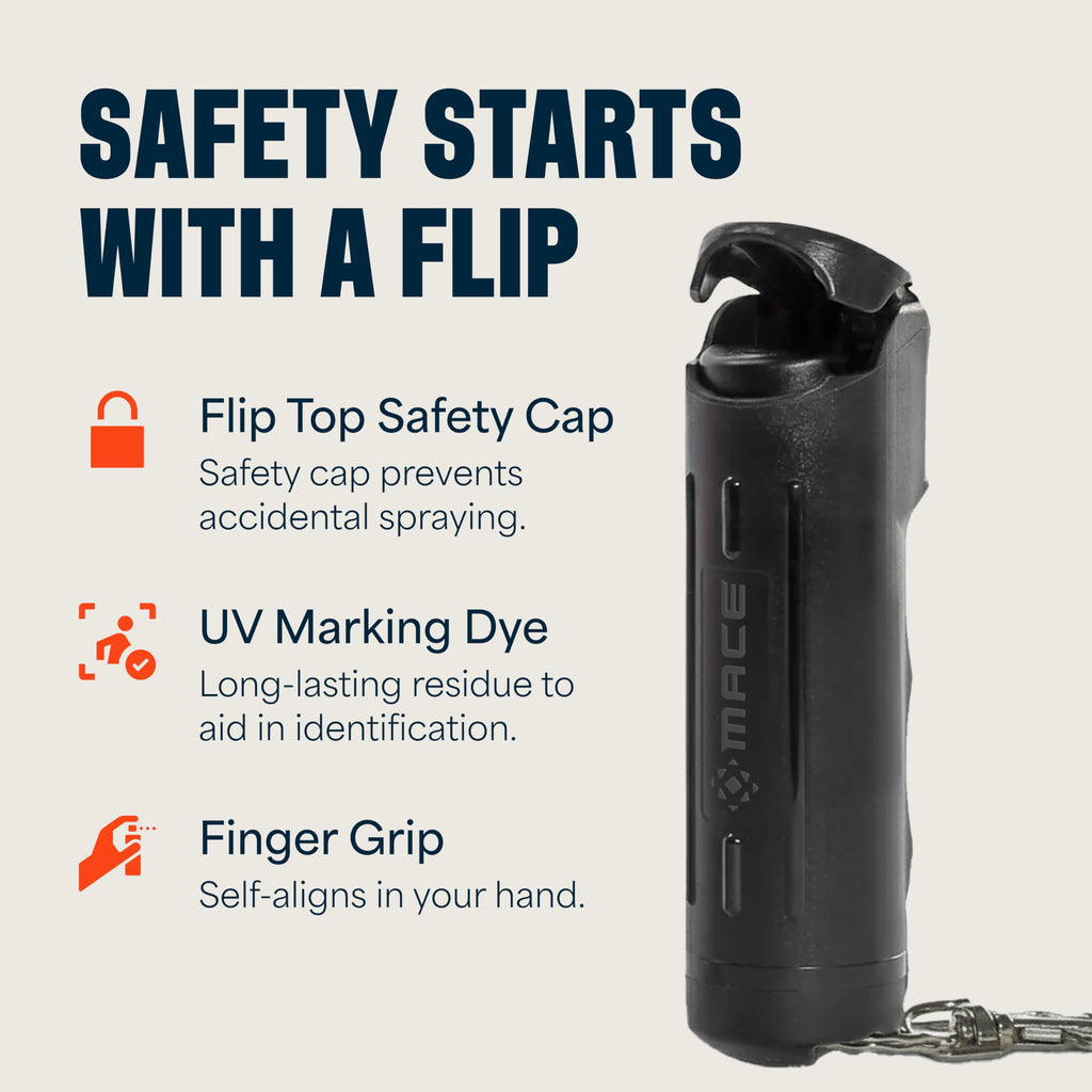 Mace Pepper Spray - Maximum Police Strength OC with UV Dye, Fast Flip Top, Ergonomic Finger Grip, Easy Carry Keychain, 12 Feet Range, 0.42 oz Compact Model, Self Defense Pepper Spray for Women & Men