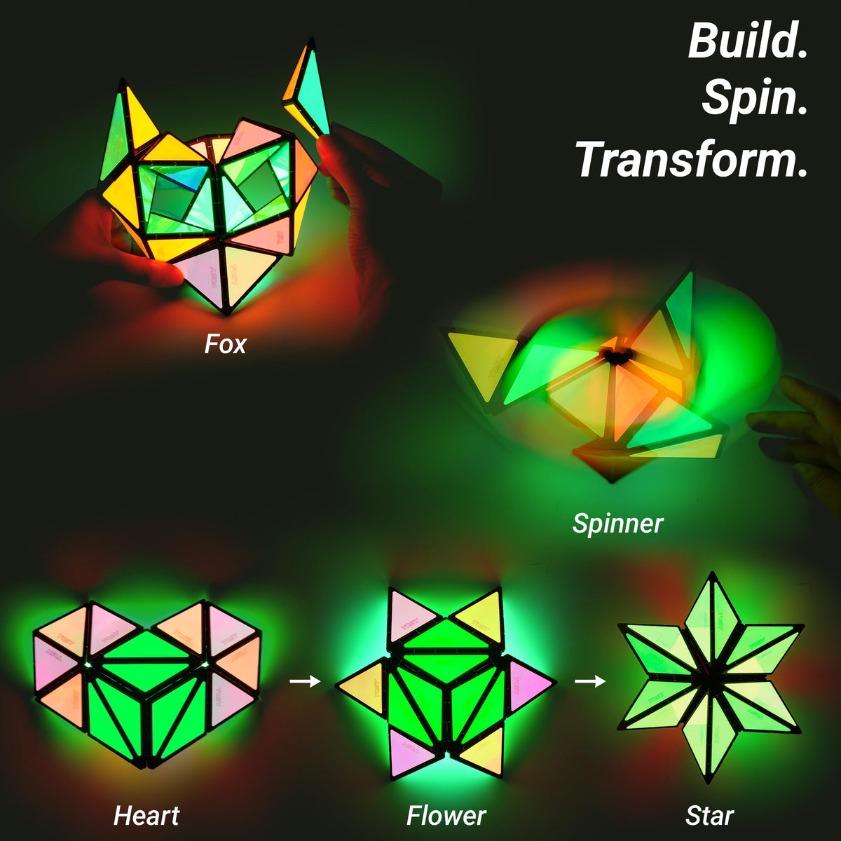 TOSY Magnet Pyramid Glow - 1 Cube Transforms into 1 Billion Shapes, 12 Pieces, 243 Rare Earth Magnets, Glowing, Holographic Design Magnet Tiles Creative Puzzle STEM/STEAM Toy
