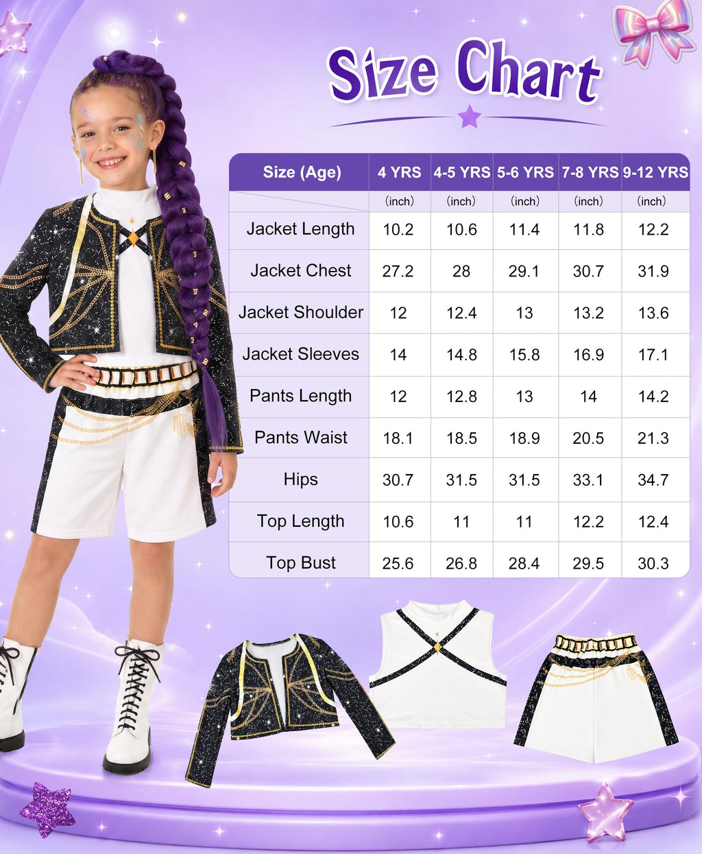 Behufun Girls Halloween Costume, Pop Singer Costume, Top Pants with Purple Braid for Cosplay Birthday Party, 4-12 Years